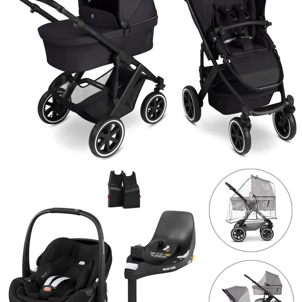 ABC Design Salsa 5 Air 4-in-1-Komplettset + Zubehör mit. Pebble 360 Pro V2 Babyschale und Familyfix 360 Basis in Coal – Ansicht 1