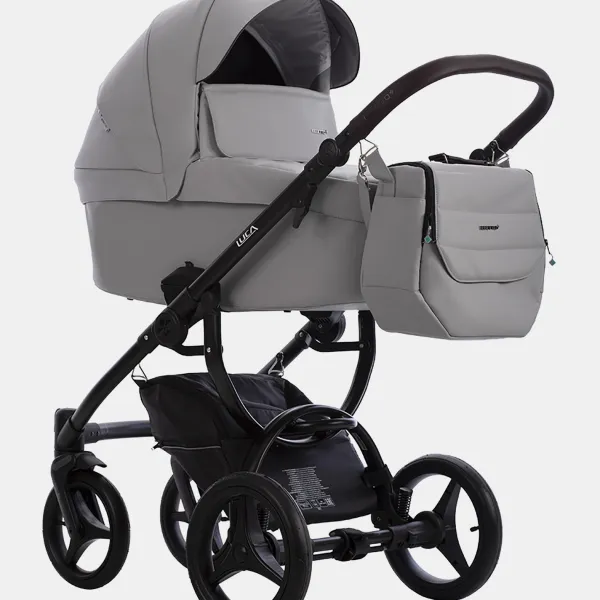 Bebetto Luca Pro Kombi-Kinderwagen 3-in-1-Set mit. Avionaut Cosmo Babyschale und Zubehörpaket XXL in Hellgrau Leder Braune Griffe – Ansicht 1