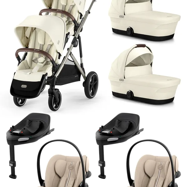 Cybex Gazelle S 4-in-1-Komplettset Zwillingskinderwagen mit. 2× Cloud G3 i-Size Plus Babyschalen und 2× Base G3 in Seashell Beige – Ansicht 1