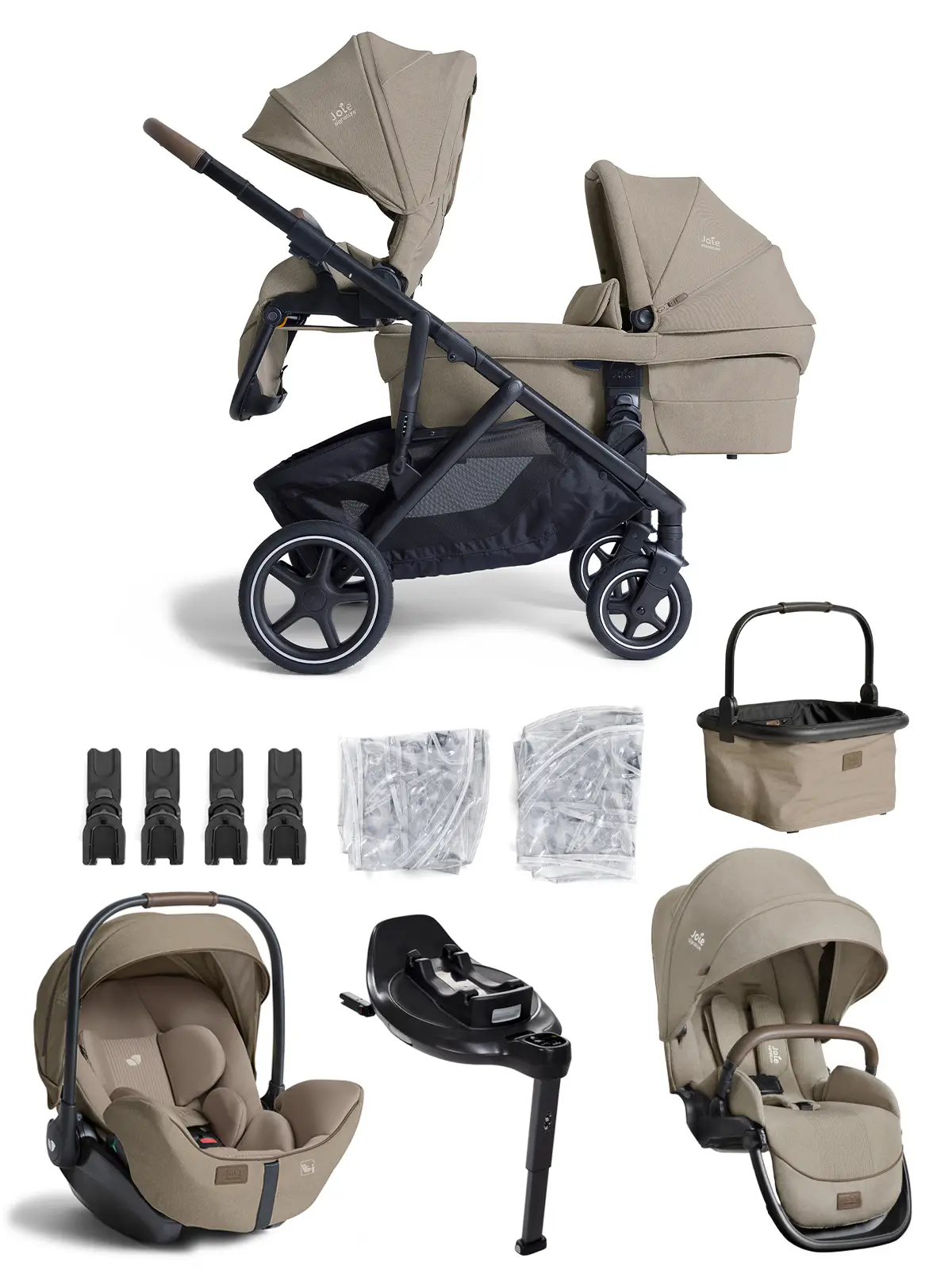 Joie Versiti 4-in-1-Komplettset – Geschwisterwagen mit. Ramble XL, Zusätzlicher Sportsitz, i-Level Pro, i-Base Encore und Zubehör in Sandstone – Ansicht 1