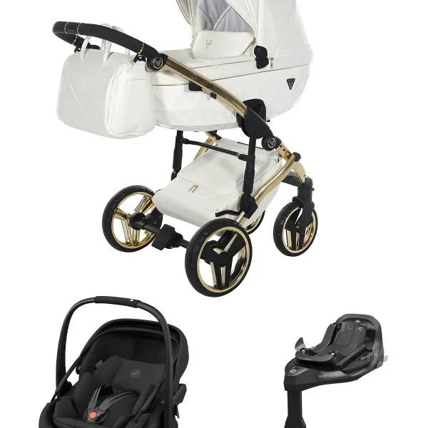 Junama Diamond Fluo Individual V3 4-in-1-Komplettset Kinderwagen mit. Maxi-Cosi Coral Slide Pro und Familyfix Slide Pro in White/Gold – Ansicht 1