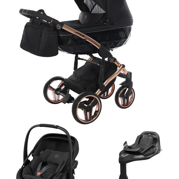 Junama Diamond S-Line V3 4-in-1-Komplettset Kinderwagen mit. Maxi-Cosi Coral Slide Pro und Familyfix Slide Pro – Black / in Rosegold – Ansicht 1