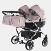 Junama Fluo Duo V3 – Zwillings-Kinderwagen 2-in-1-Set mit. Babywanne und Sportsitz in Pink / Silver – Ansicht 1
