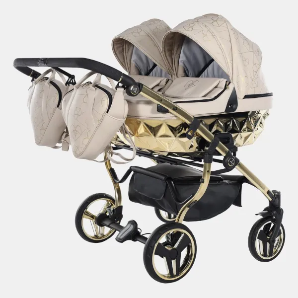 Junama Heart Duo V3 – Zwillings-Kinderwagen 4-in-1-Set mit. 2 Sportaufsätze, 2 Babywannen, 2 Babyschalen Avionaut Cosmo 2.0 Smart und 2 Basisstationen Dock 2 in Beige / Gold – Ansicht 1