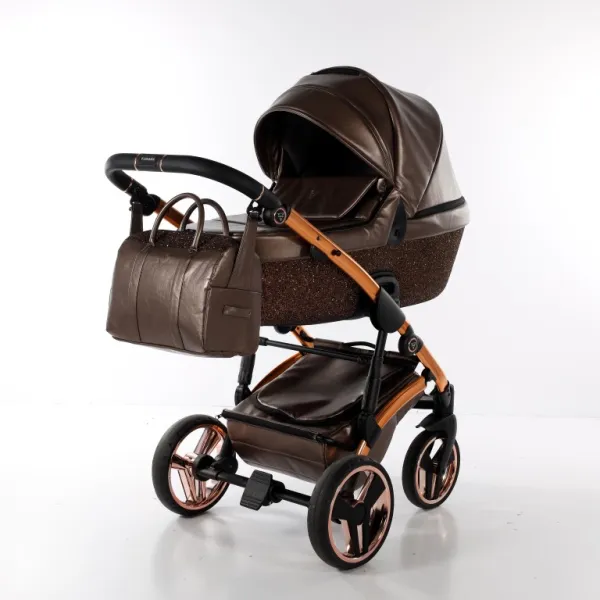 Junama Termo Glitter Kombi Kinderwagnen – 2-in-1-Set mit. XXL Zubehörpaket – Farbe Braun in Rose Gold – Ansicht 1
