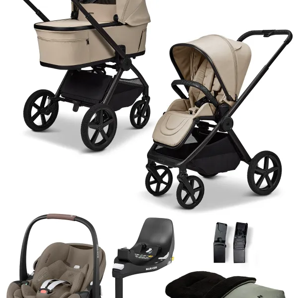 Moon Gio Fold 4-in-1-Komplettset Kombi-Kinderwagen mit. Maxi-Cosi Pebble 360 Pro 2, Familyfix 360 und Zubehör in Sand – Ansicht 1