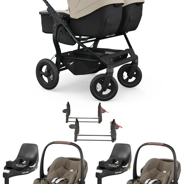 TFK Duo Kombi 4-in-1-Komplettset Zwillingskinderwagen mit. Maxi-Cosi Pebble 360 Pro 2 und FamilyFix 360 in Sand – Ansicht 1